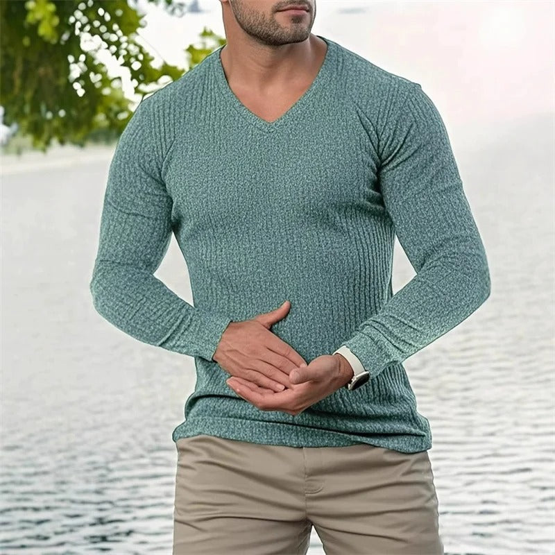 Herren Langarmshirt gestreifter V-Ausschnitt tailliert atmungsaktiv bequem