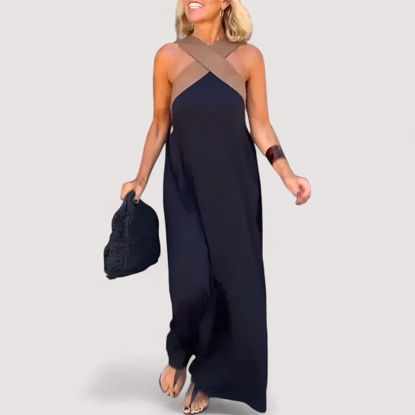 Damen Maxikleid Neckholder ärmellos locker Passform sommerlich fließend leicht