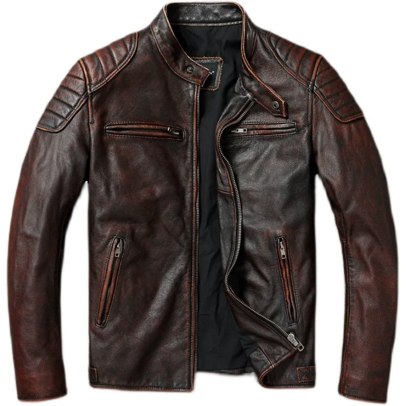 Herren Lederjacke einfarbig Retro Stil Slim Fit Langarm Reißverschluss Freizeit Bikerjacke