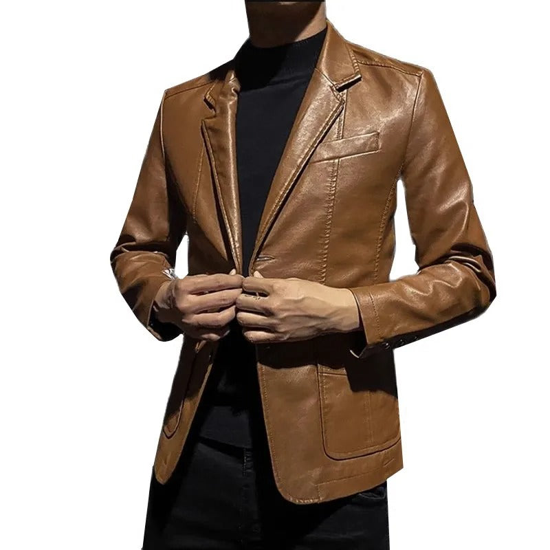 Herren Lederjacke Schwarz Slim Fit Business Casual Reißverschluss Klassisch
