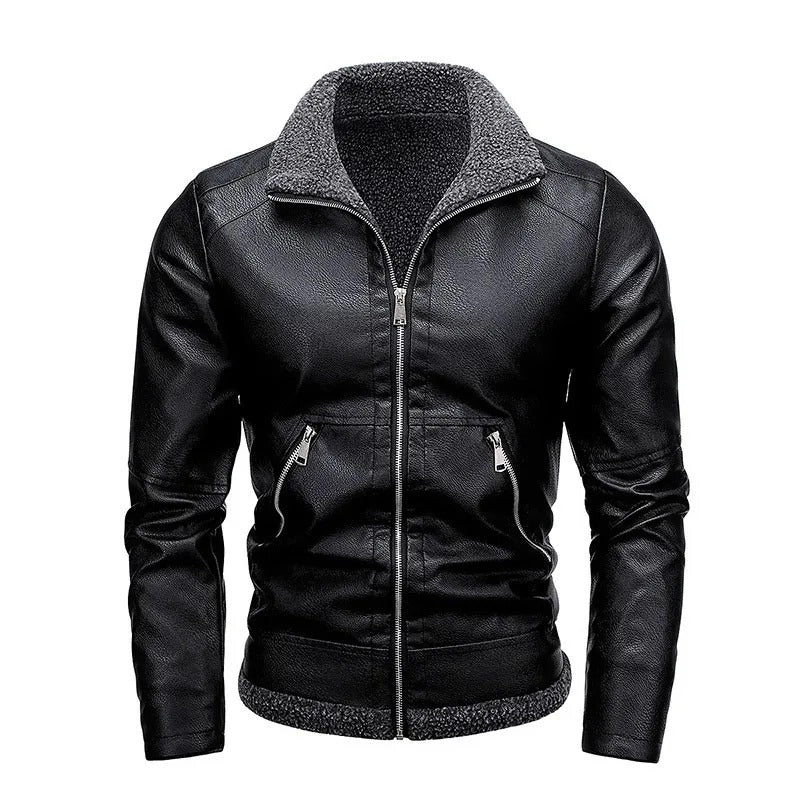 Herren Lederjacke Schwarz Slim Fit Gefüttert Reißverschluss Elegant