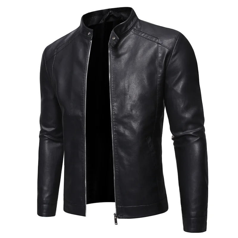 Herren Lederjacke Schwarz Stehkragen Slim Fit Reißverschluss Elegant  Produktbeschreibung: