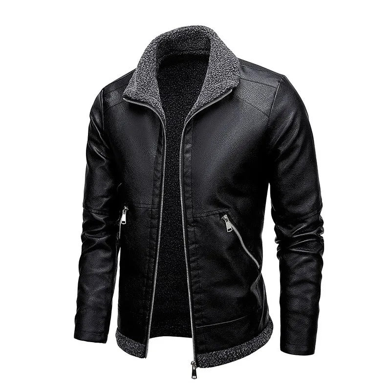 Herren Lederjacke Schwarz Slim Fit Gefüttert Reißverschluss Elegant