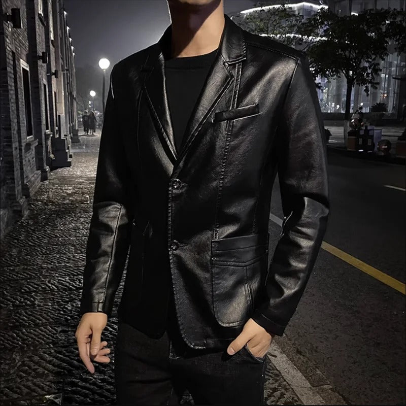 Herren Lederjacke Schwarz Slim Fit Business Casual Reißverschluss Klassisch