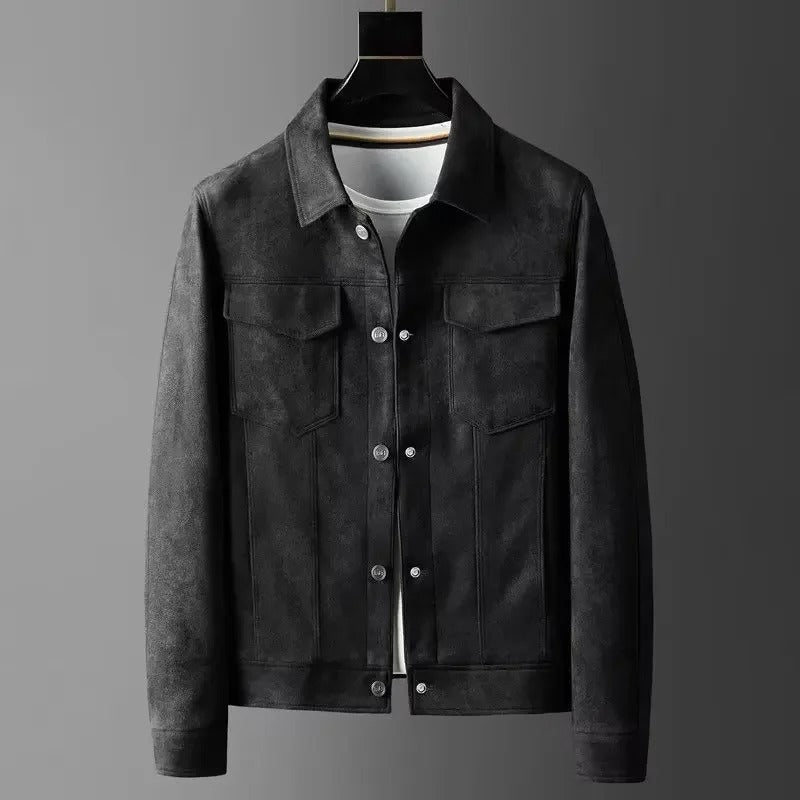 Herren Jacke Lederoptik Schwarz Slim Fit Reißverschluss Modern