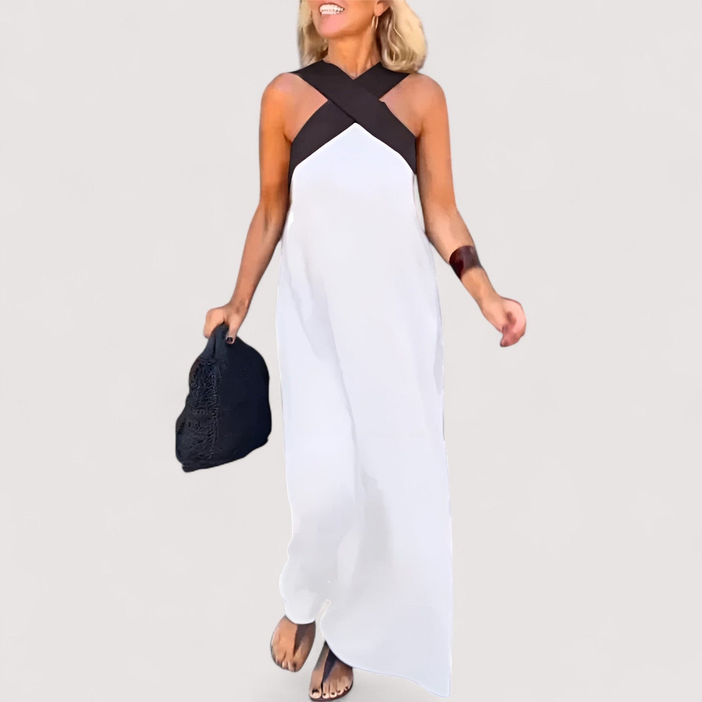 Damen Maxikleid Neckholder ärmellos locker Passform sommerlich fließend leicht
