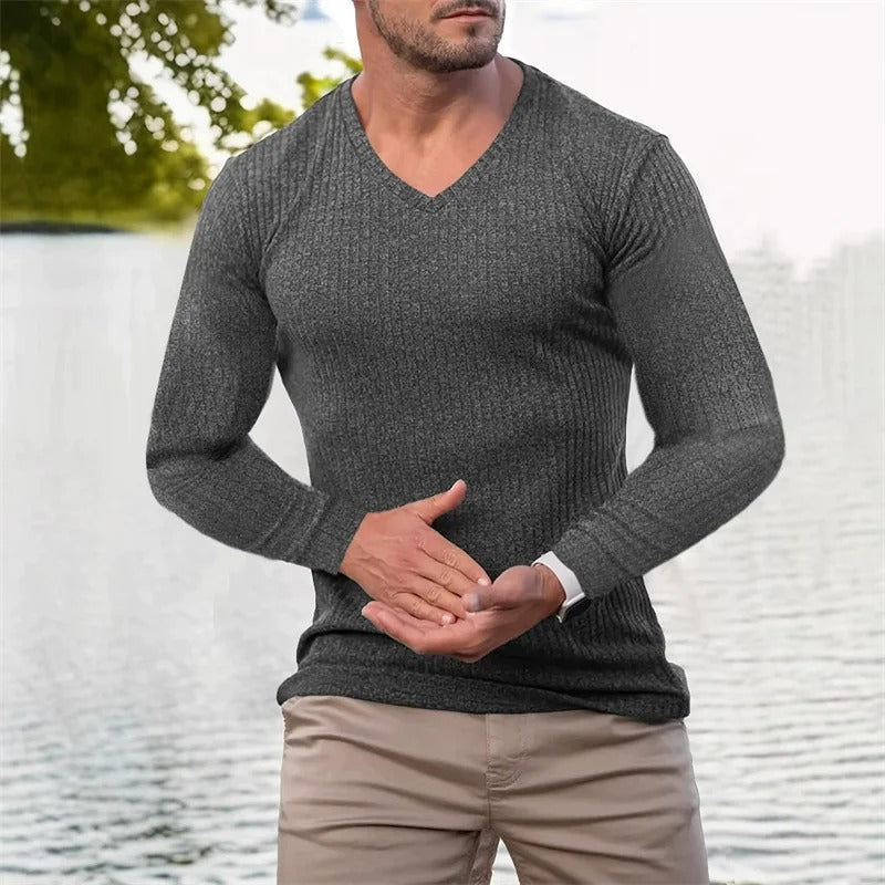 Herren Langarmshirt gestreifter V-Ausschnitt tailliert atmungsaktiv bequem