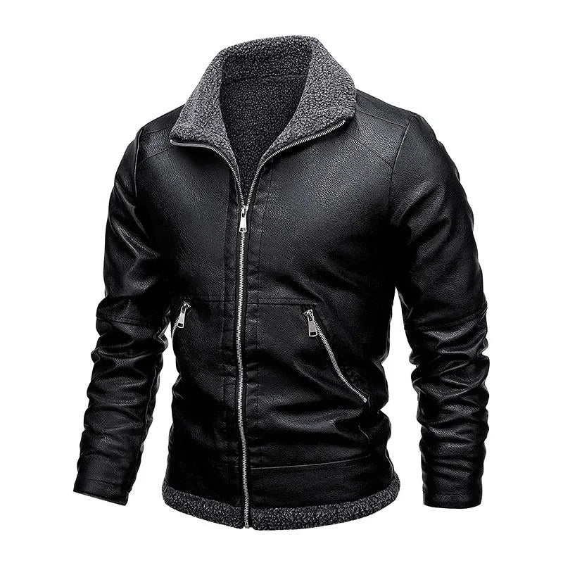 Herren Lederjacke Schwarz Slim Fit Gefüttert Reißverschluss Elegant