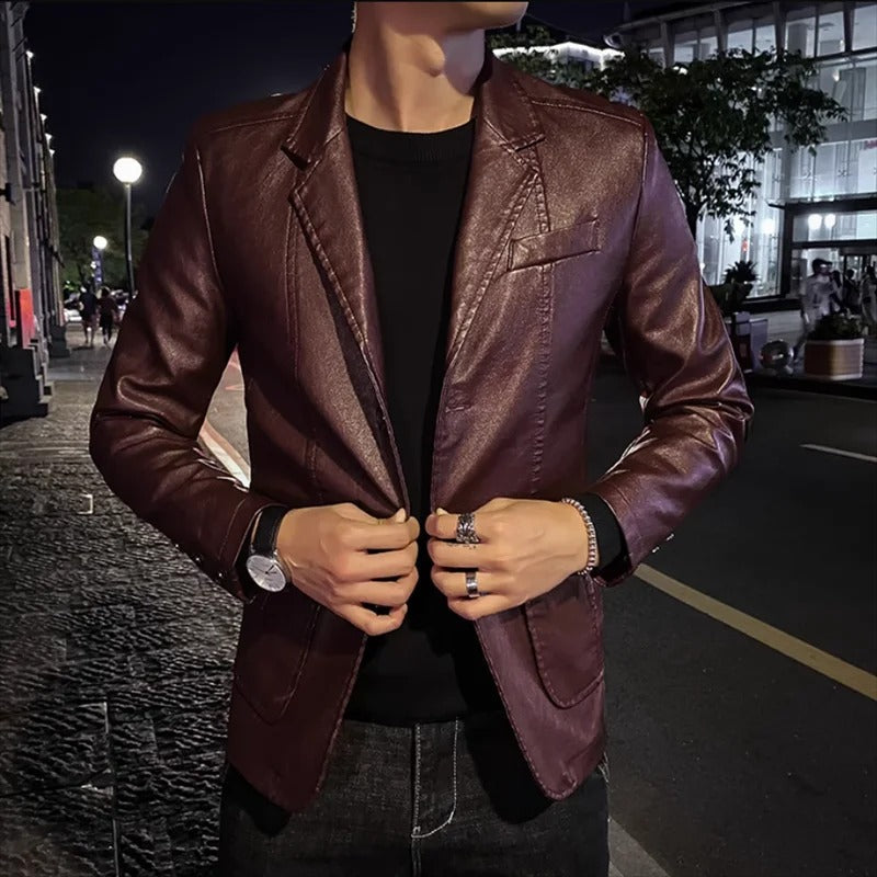 Herren Lederjacke Schwarz Slim Fit Business Casual Reißverschluss Klassisch