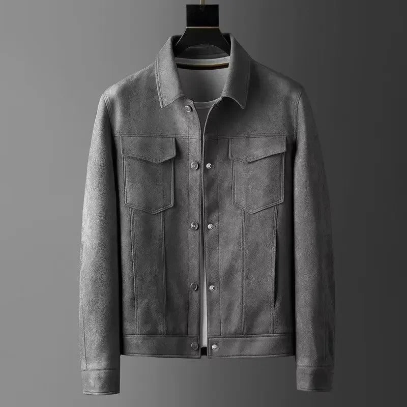 Herren Jacke Lederoptik Schwarz Slim Fit Reißverschluss Modern