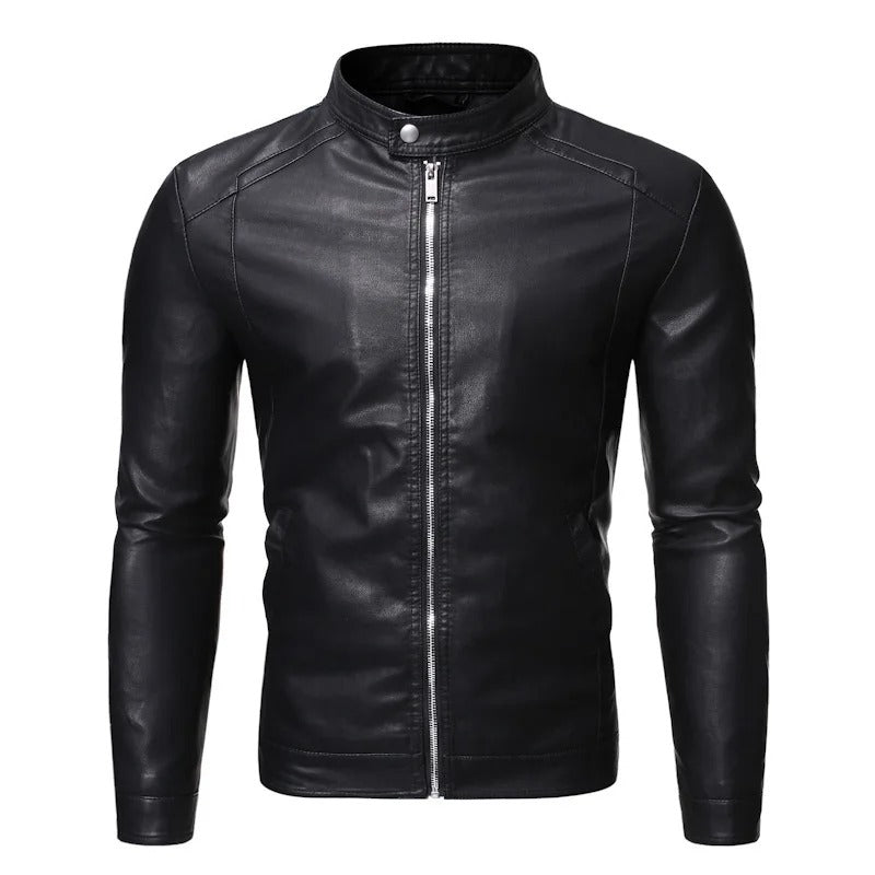 Herren Lederjacke Schwarz Stehkragen Slim Fit Reißverschluss Elegant  Produktbeschreibung: