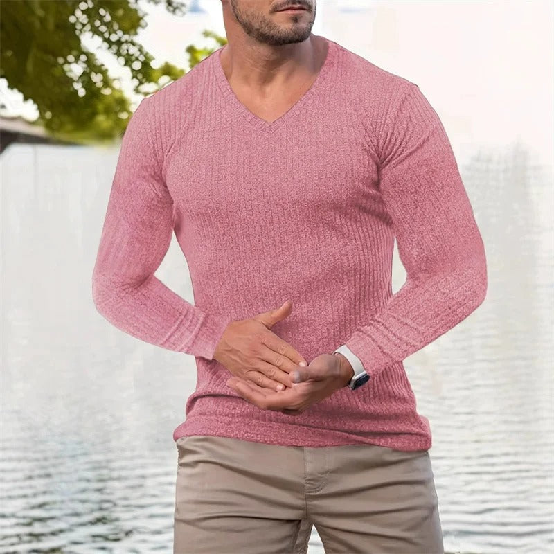 Herren Langarmshirt gestreifter V-Ausschnitt tailliert atmungsaktiv bequem
