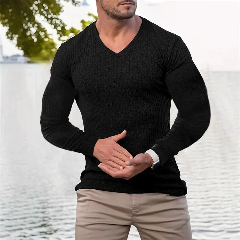 Herren Langarmshirt gestreifter V-Ausschnitt tailliert atmungsaktiv bequem