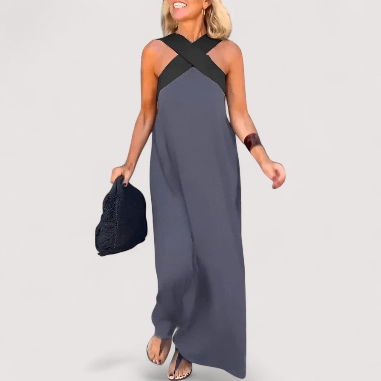 Damen Maxikleid Neckholder ärmellos locker Passform sommerlich fließend leicht