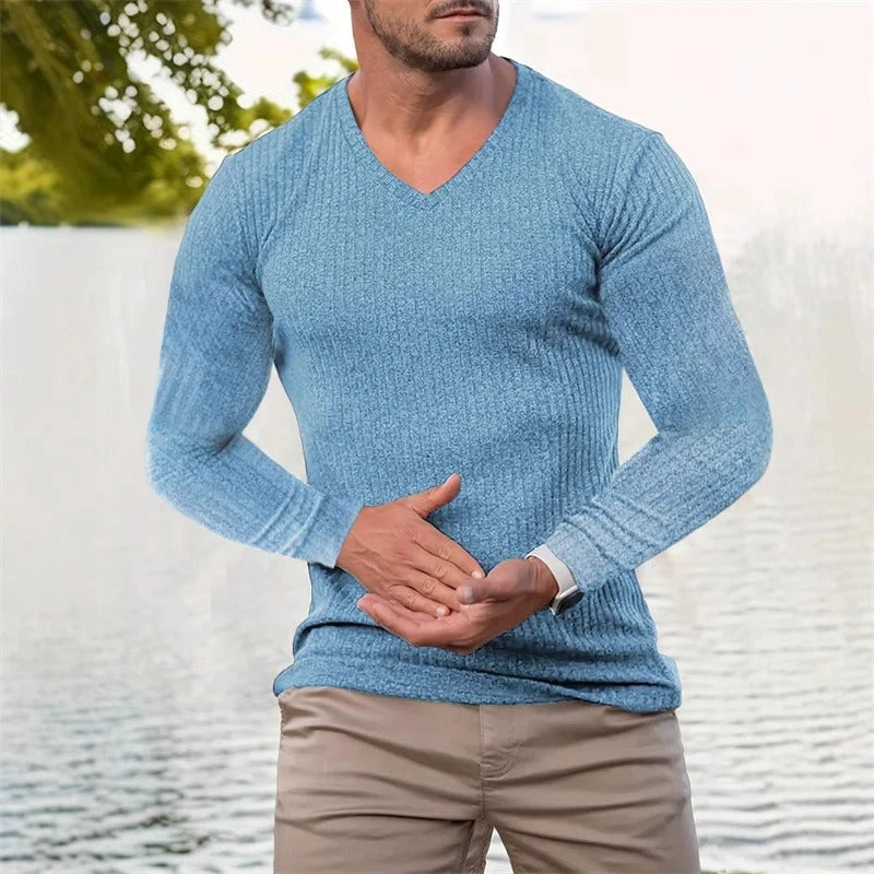 Herren Langarmshirt gestreifter V-Ausschnitt tailliert atmungsaktiv bequem