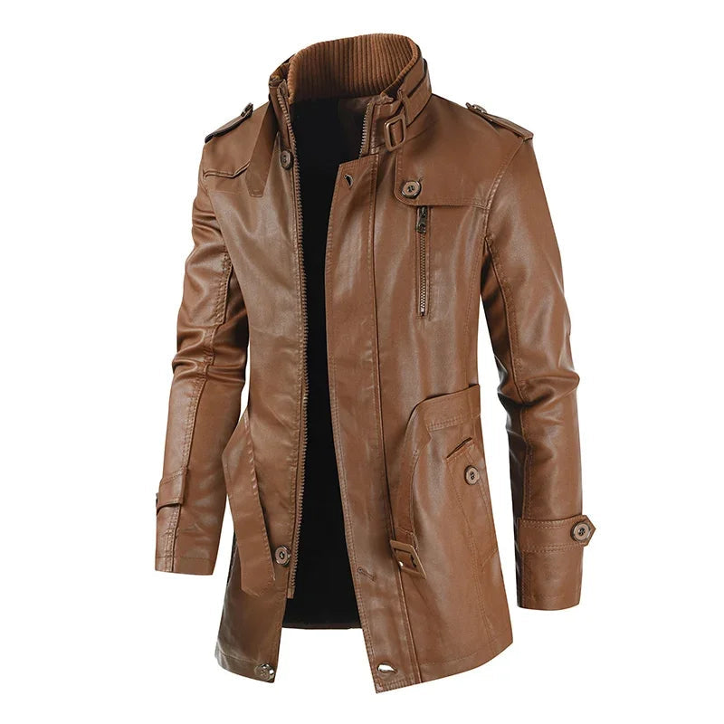 Herren Biker Lederjacke Lang Schwarz Slim Fit Reißverschluss Elegant
