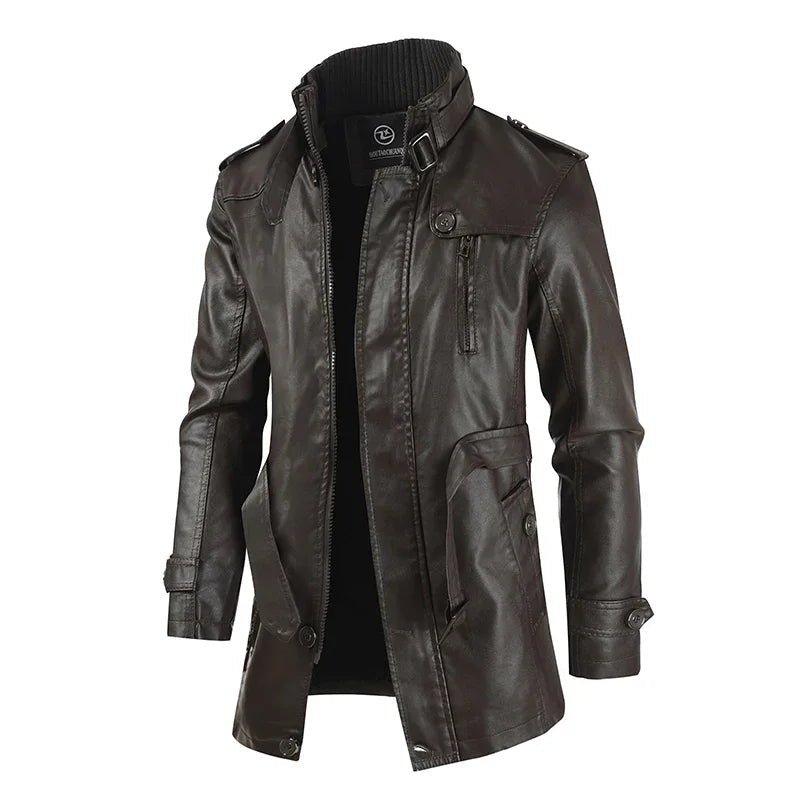 Herren Biker Lederjacke Lang Schwarz Slim Fit Reißverschluss Elegant