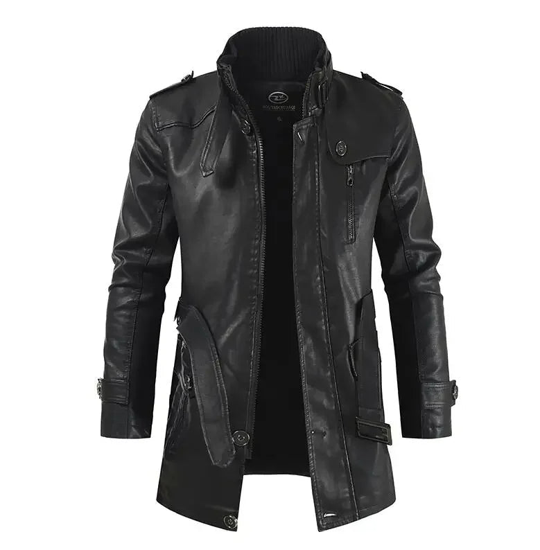 Herren Biker Lederjacke Lang Schwarz Slim Fit Reißverschluss Elegant