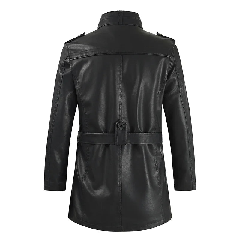 Herren Biker Lederjacke Lang Schwarz Slim Fit Reißverschluss Elegant
