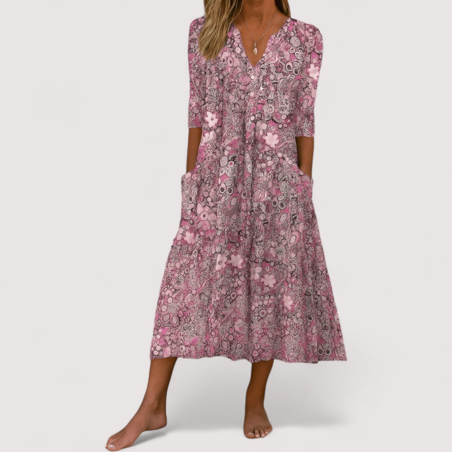 Damen Kleid V-Ausschnitt kurzarm locker fallend elegante Passform für Alltag und besondere Anlässe