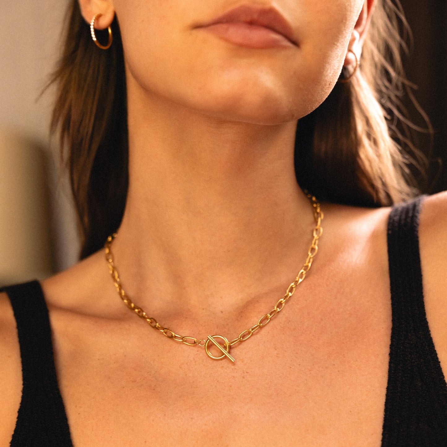 Damen Paperclip Choker Gold mit Toggle Verschluss Layering Halskette wasserfest hypoallergen Edelstahl