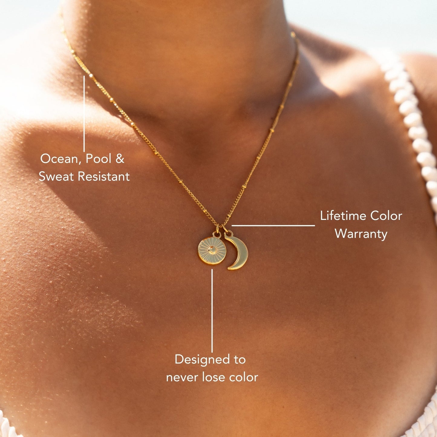 Damen Halskette Gold Doppelanhänger Sonne und Mond Edelstahl wasserfest minimalistischer Schmuck