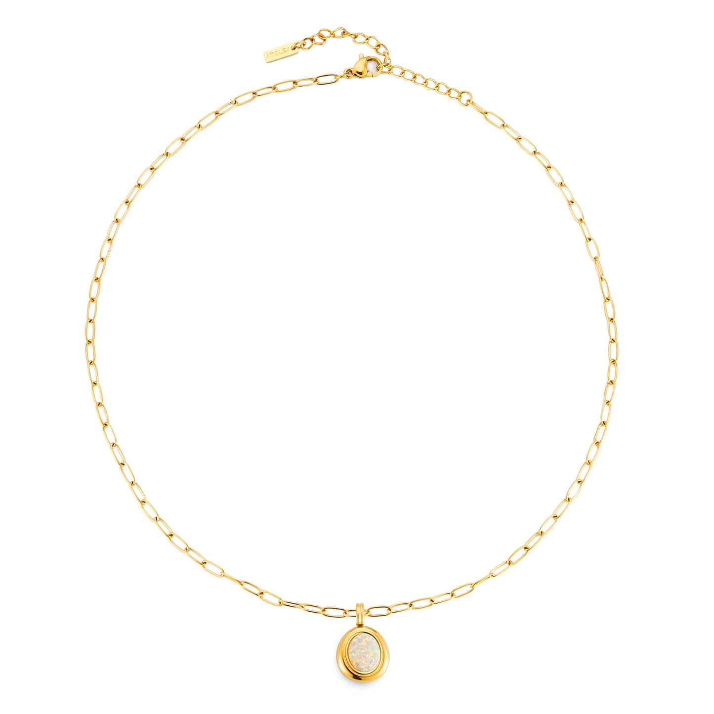 Damen Halskette goldfarben mit Opal Anhänger und Paperclip Kette aus Edelstahl