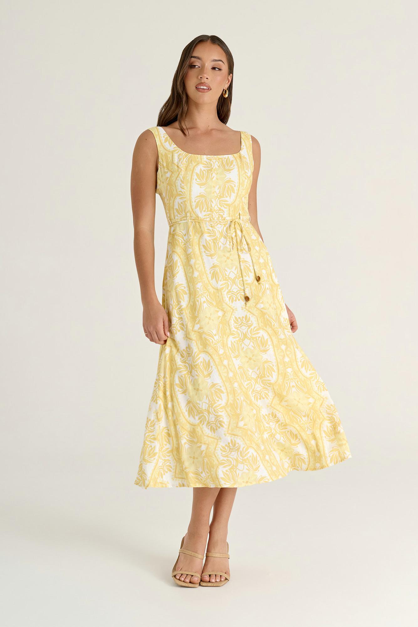 Damen Maxikleid gelb Blumenmuster Quadrat-Ausschnitt A-Linie ärmellos Bindegürtel
