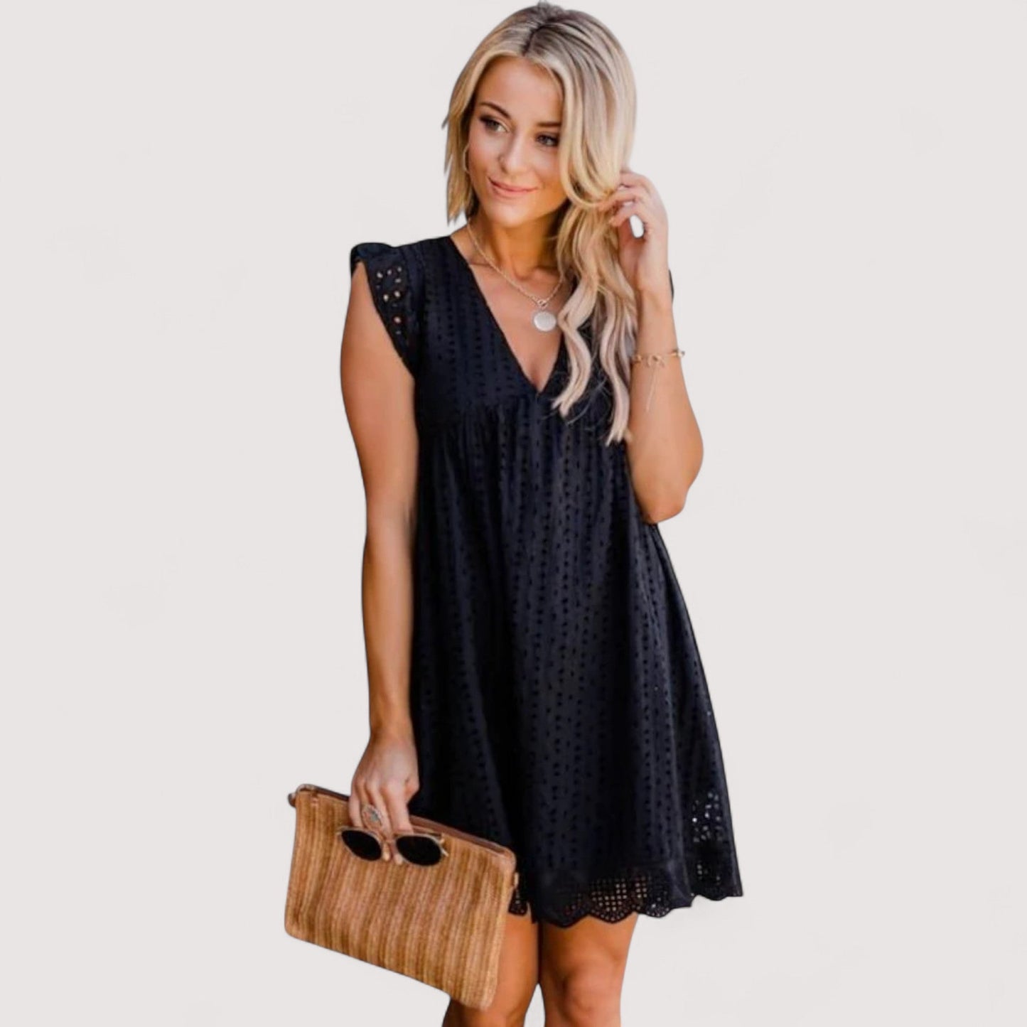 Damen Sommerkleid A-Linie V-Ausschnitt hohe Taille locker Passform elegant