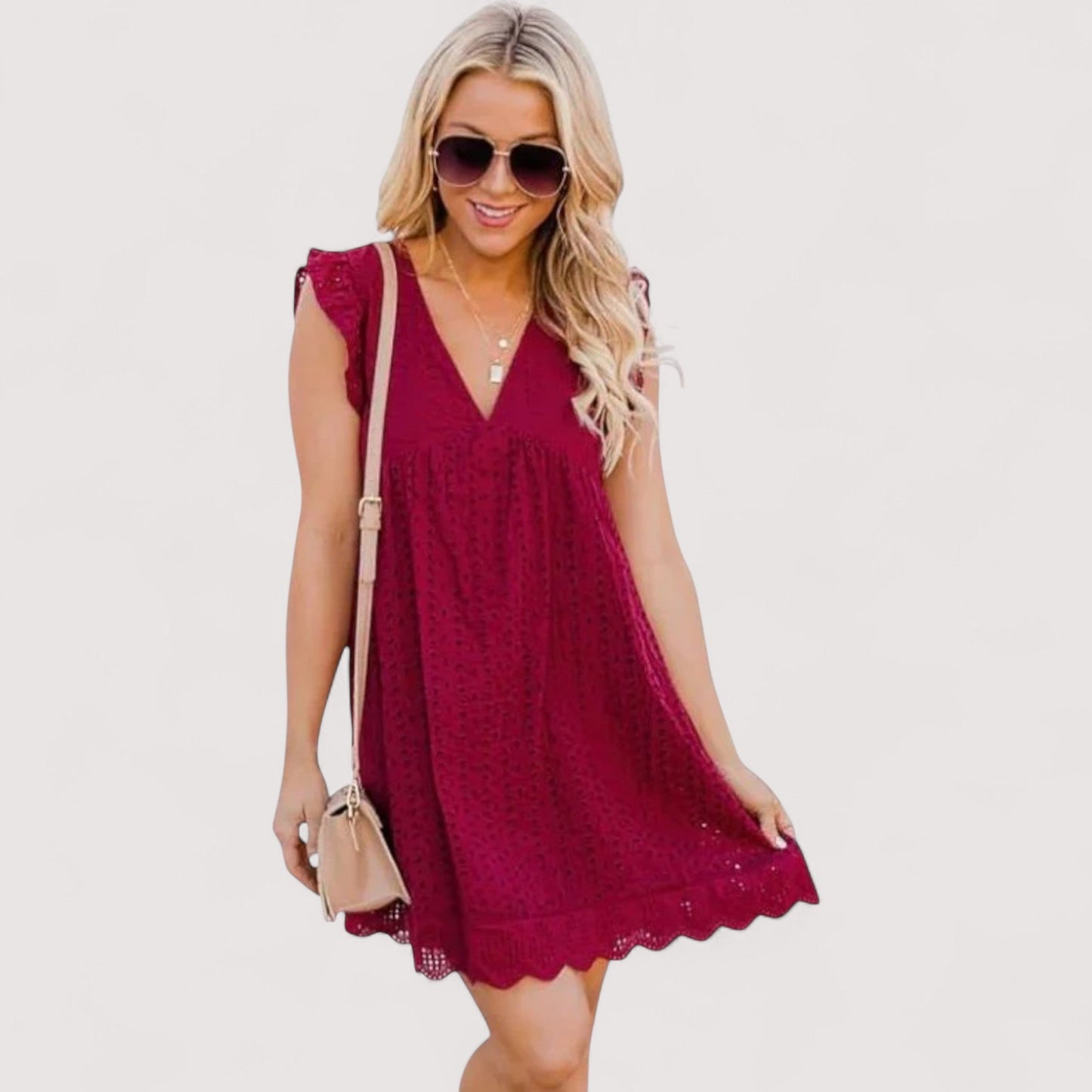 Damen Sommerkleid A-Linie V-Ausschnitt hohe Taille locker Passform elegant