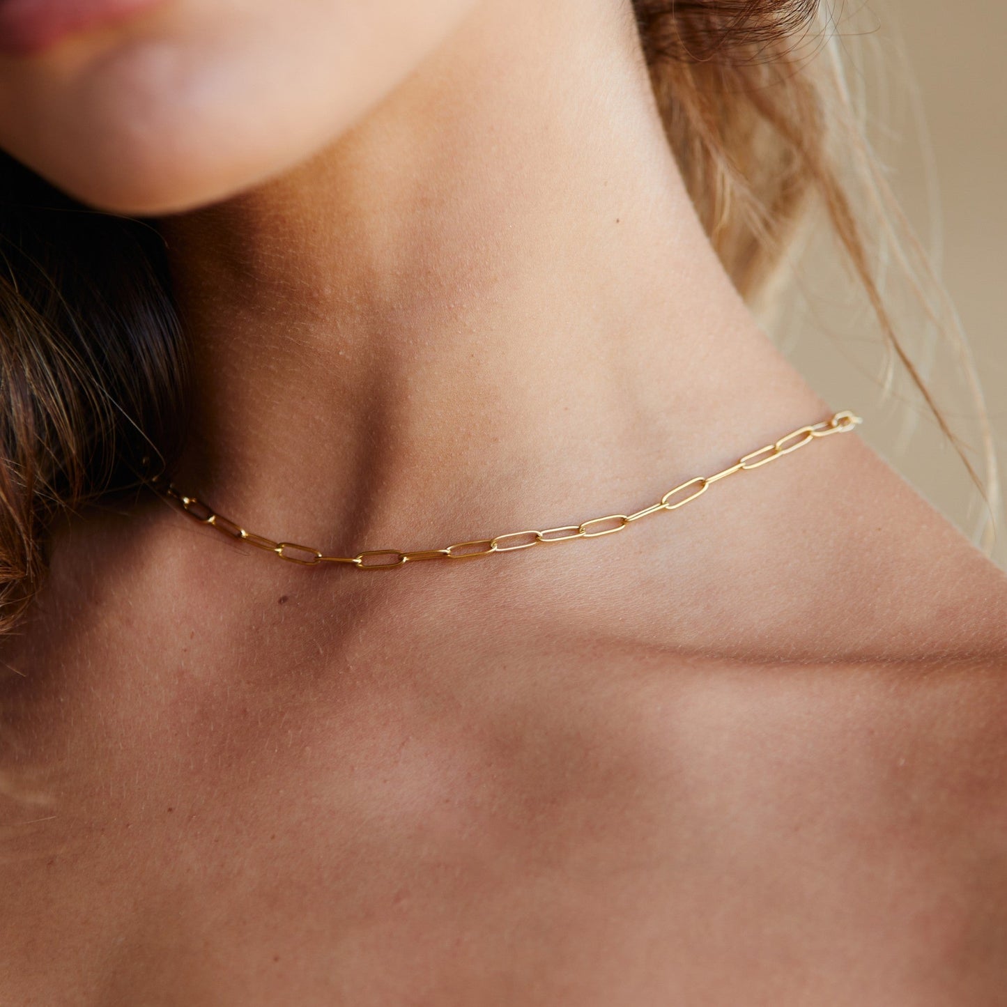 Damen Paperclip Choker Gold, Gliederkette 3 mm, verstellbar, wasserfest, hypoallergen, Halskette