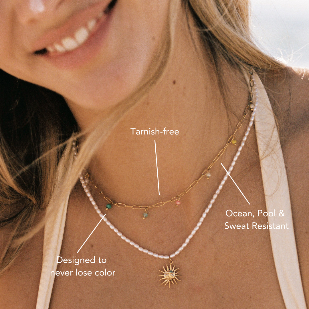 Damen Choker Gold mit bunten Anhängern, Gliederkette aus 18K PVD Edelstahl, wasserfest, verstellbar
