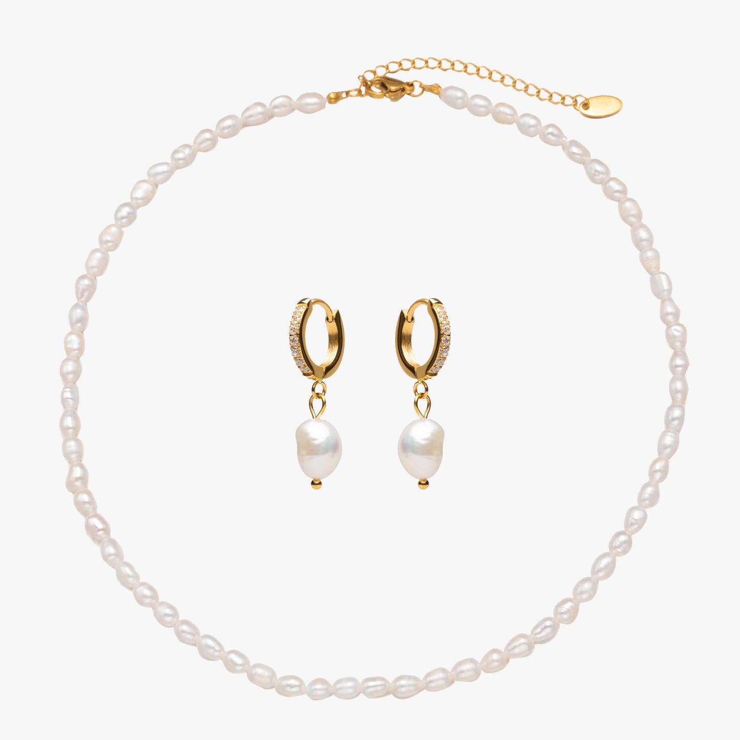 Damen Perlenschmuck Set Gold mit Süßwasserperlen Choker und Perlen Creolen 2-teilig wasserfest hypoallergen