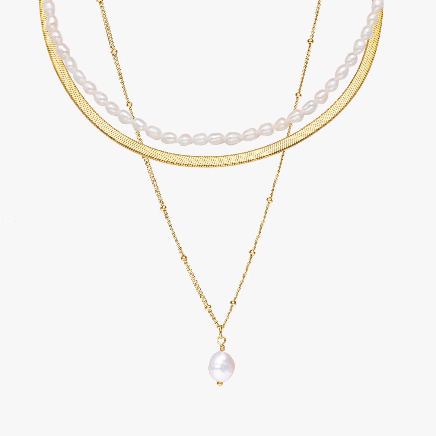 Damen Halsketten Set Gold mit Süßwasserperlen 3-teilig Layering Ketten wasserfest Edelstahl vergoldet