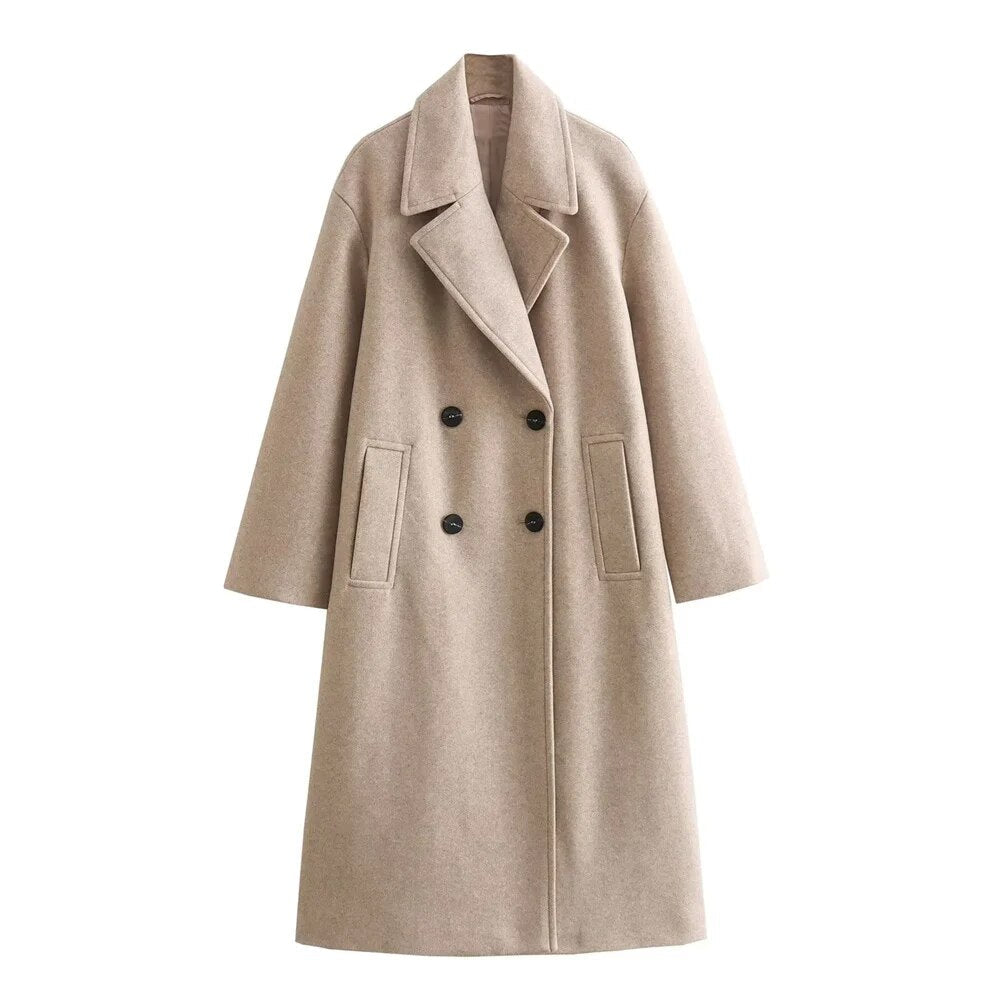Damen langer Mantel einfarbig zweireihig Reverskragen Langarm gerade Passform elegant