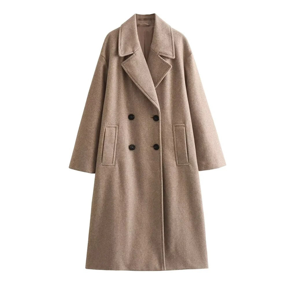 Damen langer Mantel einfarbig zweireihig Reverskragen Langarm gerade Passform elegant