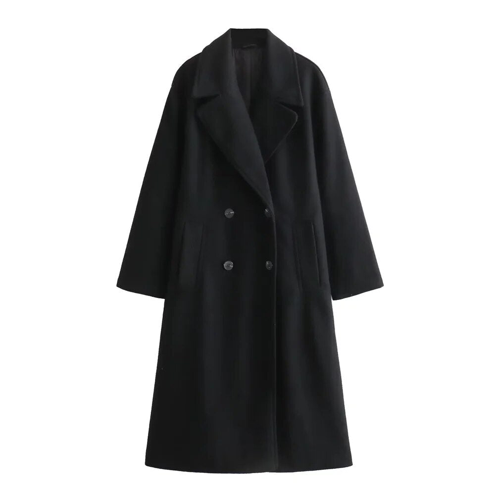 Damen langer Mantel einfarbig zweireihig Reverskragen Langarm gerade Passform elegant