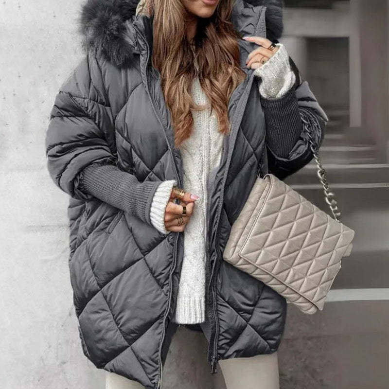 Damen Steppmantel Oversized Fit Warm Kunstfell Kapuze Wintermantel Freizeit Elegant