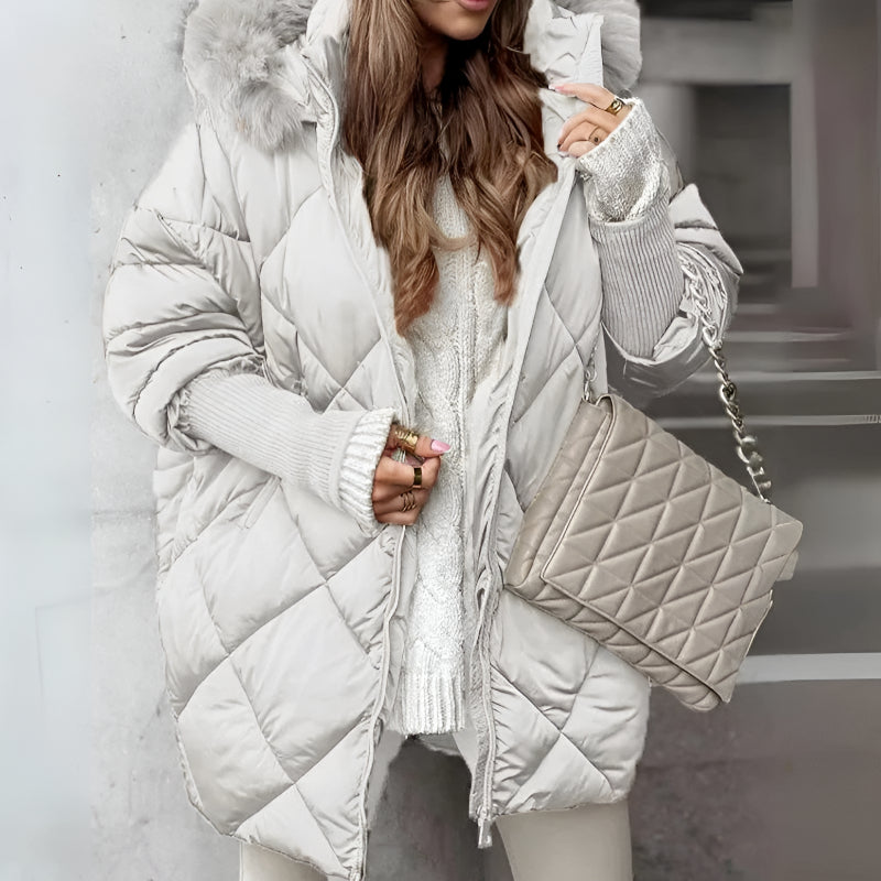 Damen Steppmantel Oversized Fit Warm Kunstfell Kapuze Wintermantel Freizeit Elegant