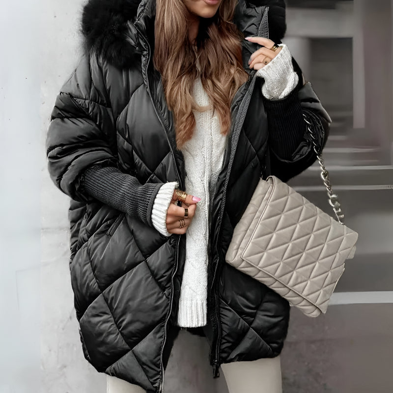 Damen Steppmantel Oversized Fit Warm Kunstfell Kapuze Wintermantel Freizeit Elegant
