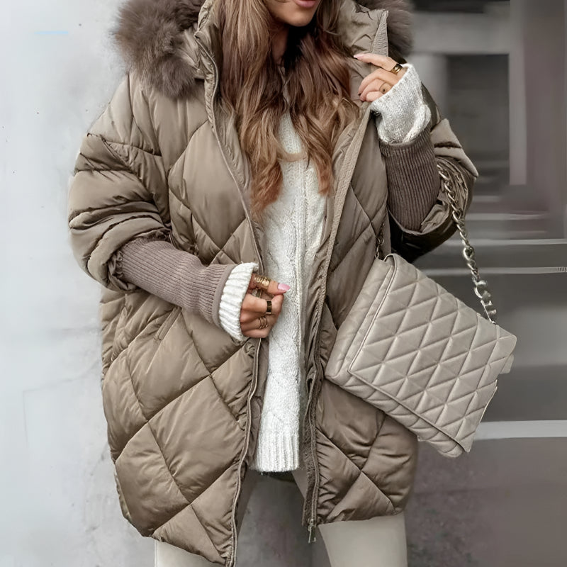 Damen Steppmantel Oversized Fit Warm Kunstfell Kapuze Wintermantel Freizeit Elegant