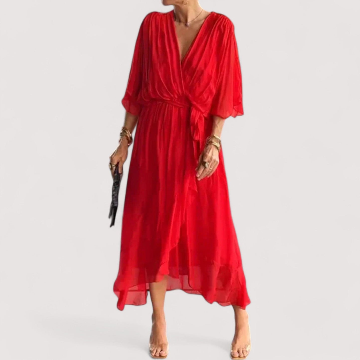 Damen Kleid V-Ausschnitt fließend leicht locker elegant