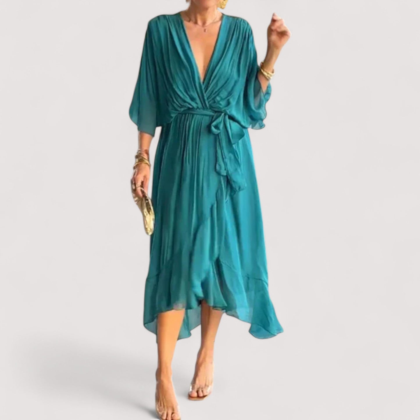 Damen Kleid V-Ausschnitt fließend leicht locker elegant