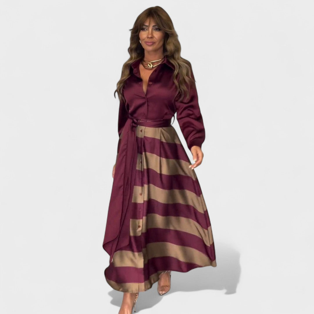 Damen Langarmkleid tailliert mit Gürtel Knopfleiste fließender Rock elegante bequeme Passform