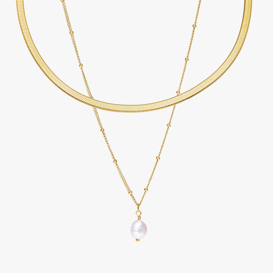 Damen Schmuckset Gold mit Herringbone Choker und Süßwasserperlen-Anhänger, 18K PVD Edelstahl, wasserfest