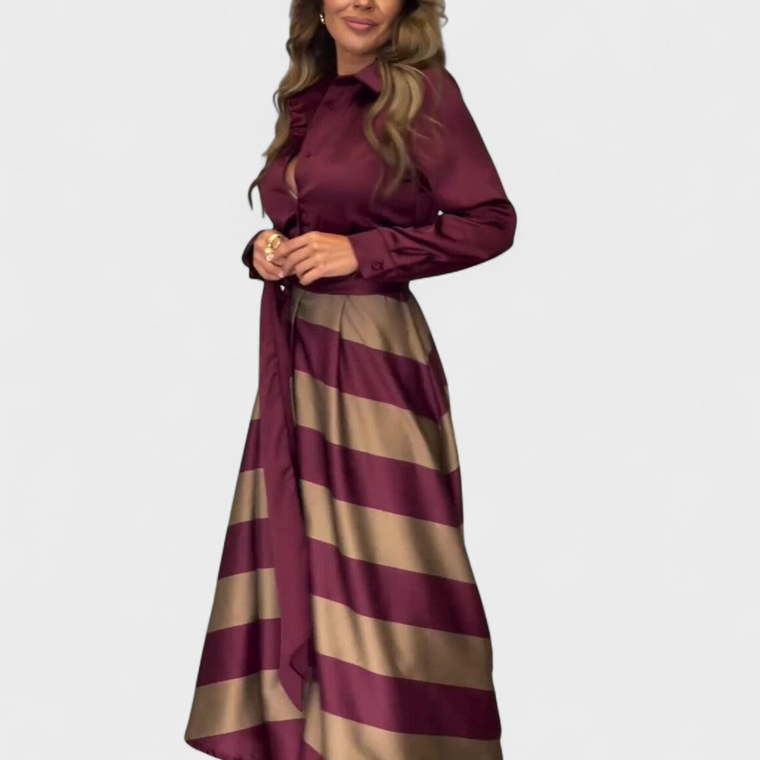 Damen Langarmkleid tailliert mit Gürtel Knopfleiste fließender Rock elegante bequeme Passform