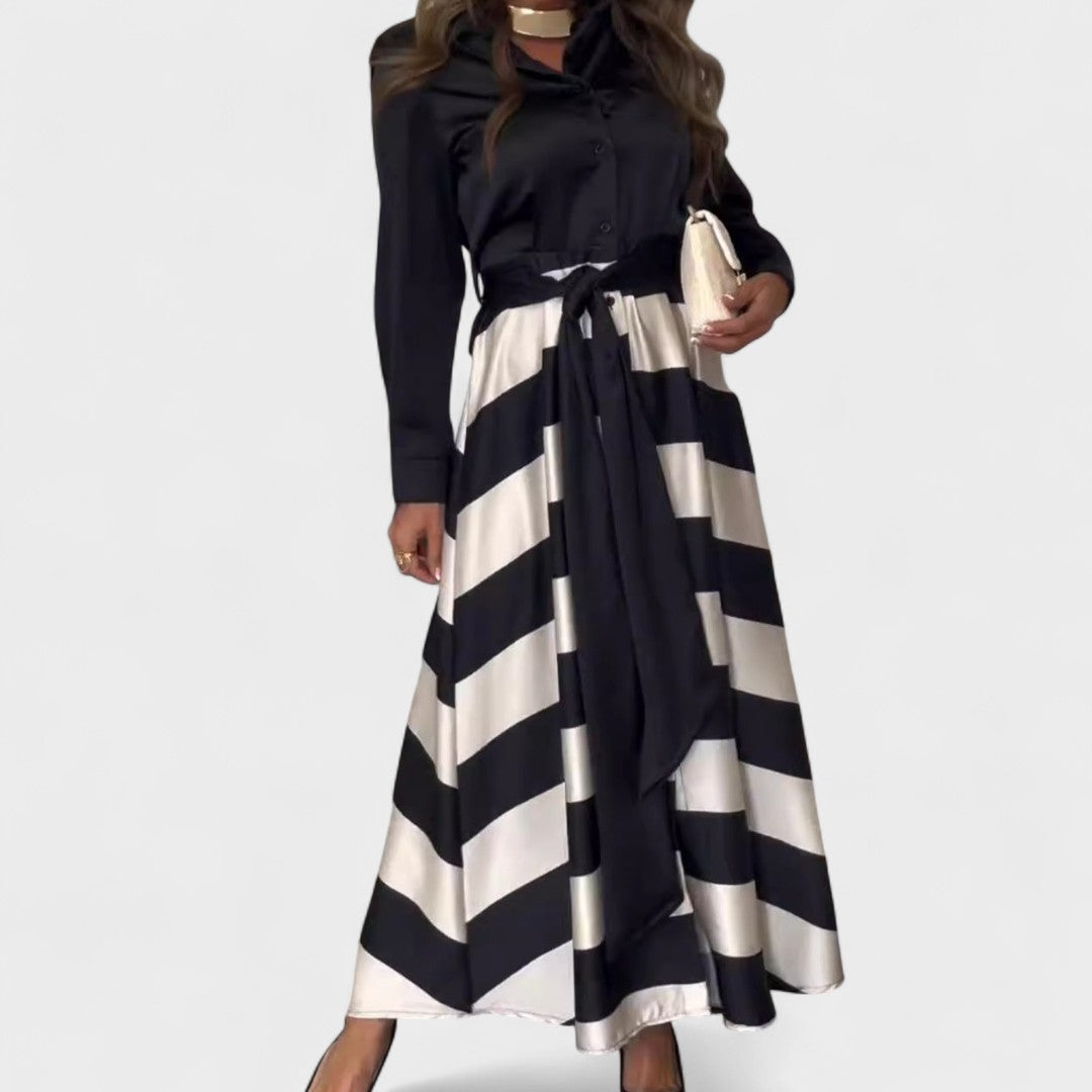 Damen Langarmkleid tailliert mit Gürtel Knopfleiste fließender Rock elegante bequeme Passform