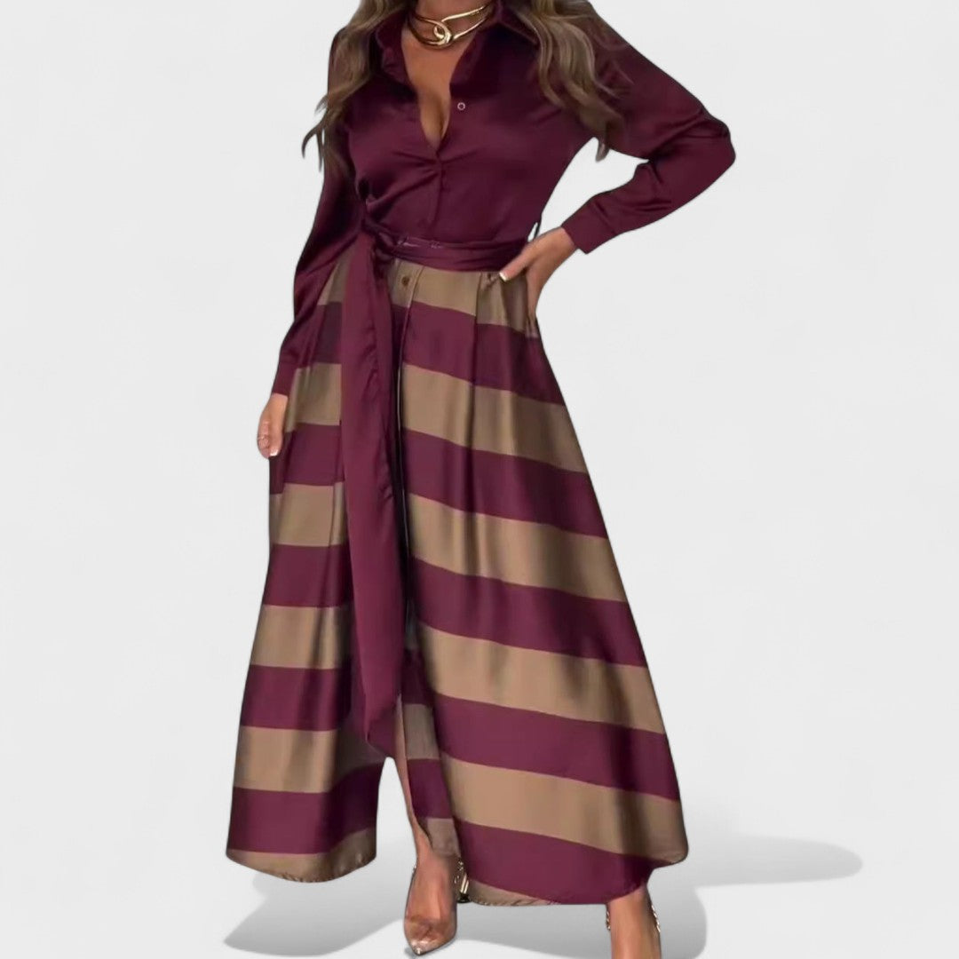 Damen Langarmkleid tailliert mit Gürtel Knopfleiste fließender Rock elegante bequeme Passform