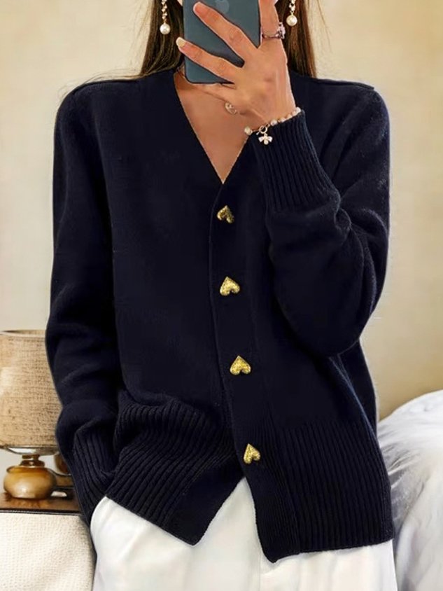 Damen Strickjacke Regular Fit V-Ausschnitt Herzknöpfe Strick Weich Alltag Elegant Büro Freizeit
