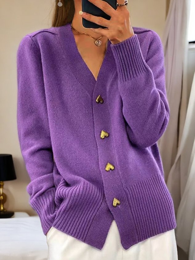 Damen Strickjacke Regular Fit V-Ausschnitt Herzknöpfe Strick Weich Alltag Elegant Büro Freizeit